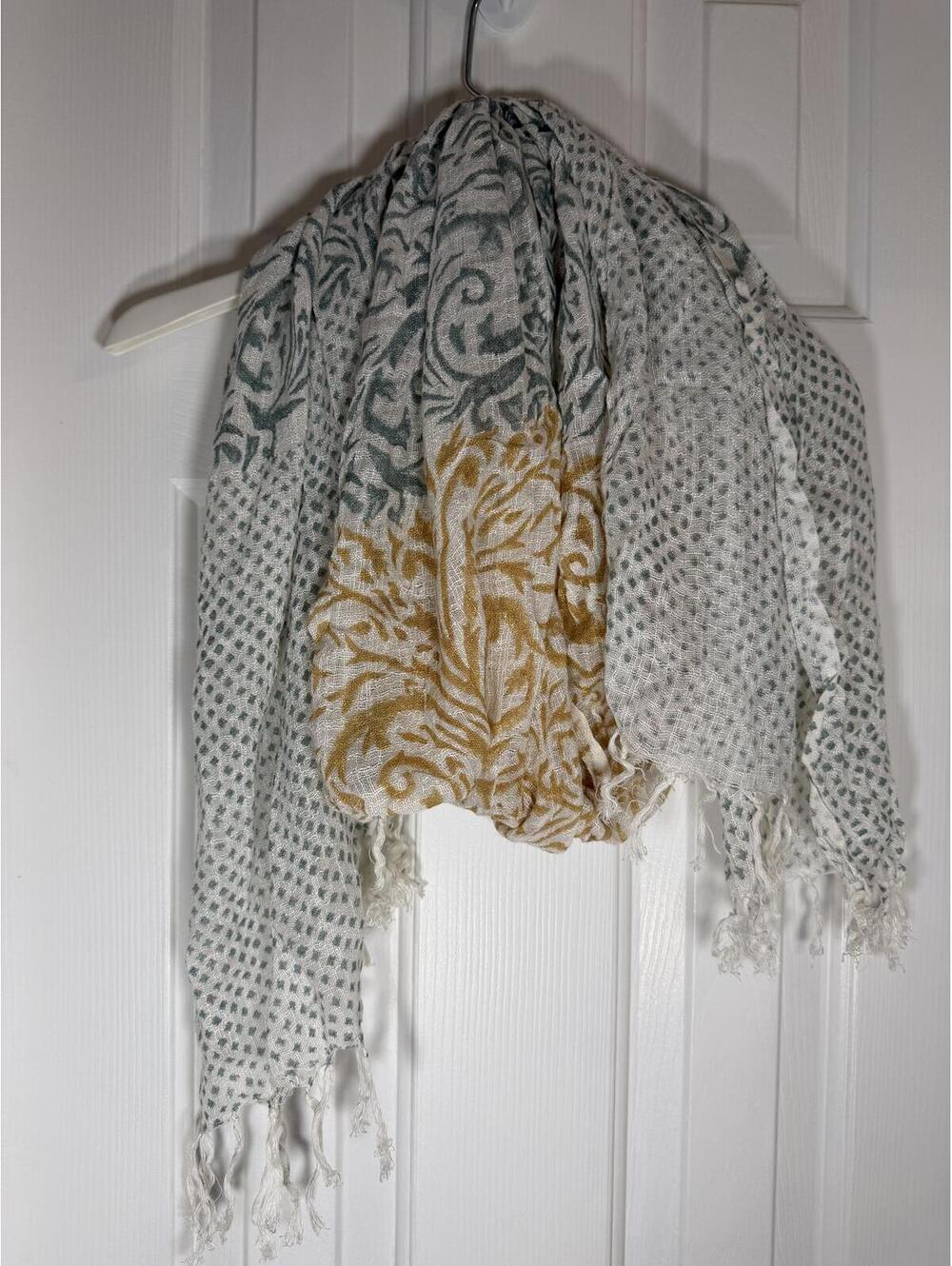 Boho Chic Lightweight Patterned Scarf – Green & Mustard Print with Fringe Edges